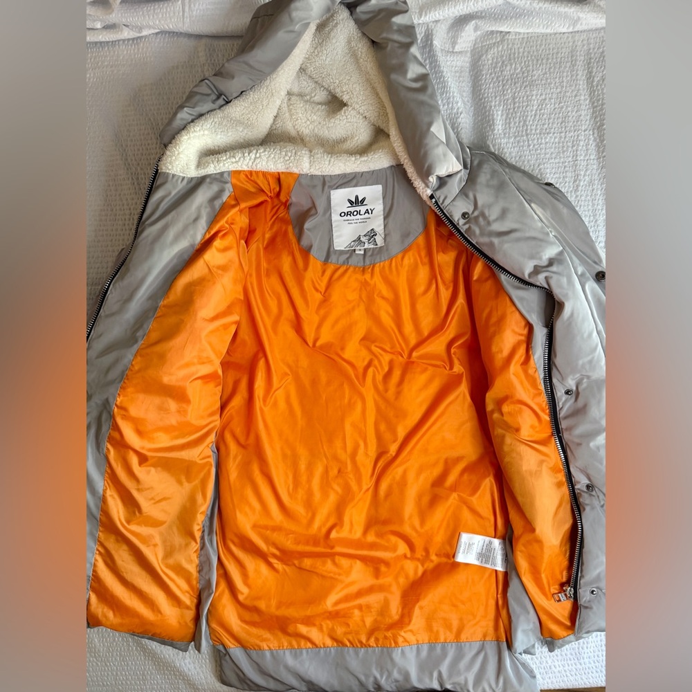 Orolay Gray Down Puffer Coat Small | Sherpa Hood 6 Pocket Side Zip Winter Jacket - Picture 8 of 14